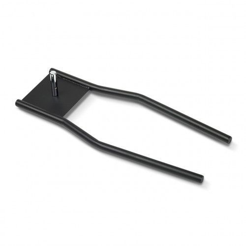 Cavalletto per bicicletta in metallo nero, a forma di U, con piastra di montaggio su sfondo bianco.