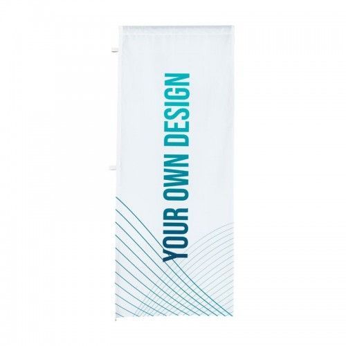 Striscione bianco da appendere con la scritta color verde acqua "YOUR OWN DESIGN" e un motivo a linee diagonali nella parte inferiore.