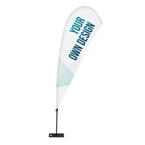 Bandiera bianca a forma di goccia su supporto con la scritta blu "IL TUO DESIGN".