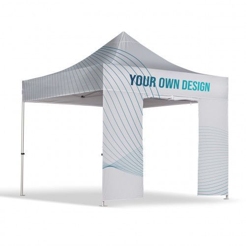 Tenda a baldacchino bianca personalizzata con grafica a onde blu e scritta "IL TUO DESIGN"