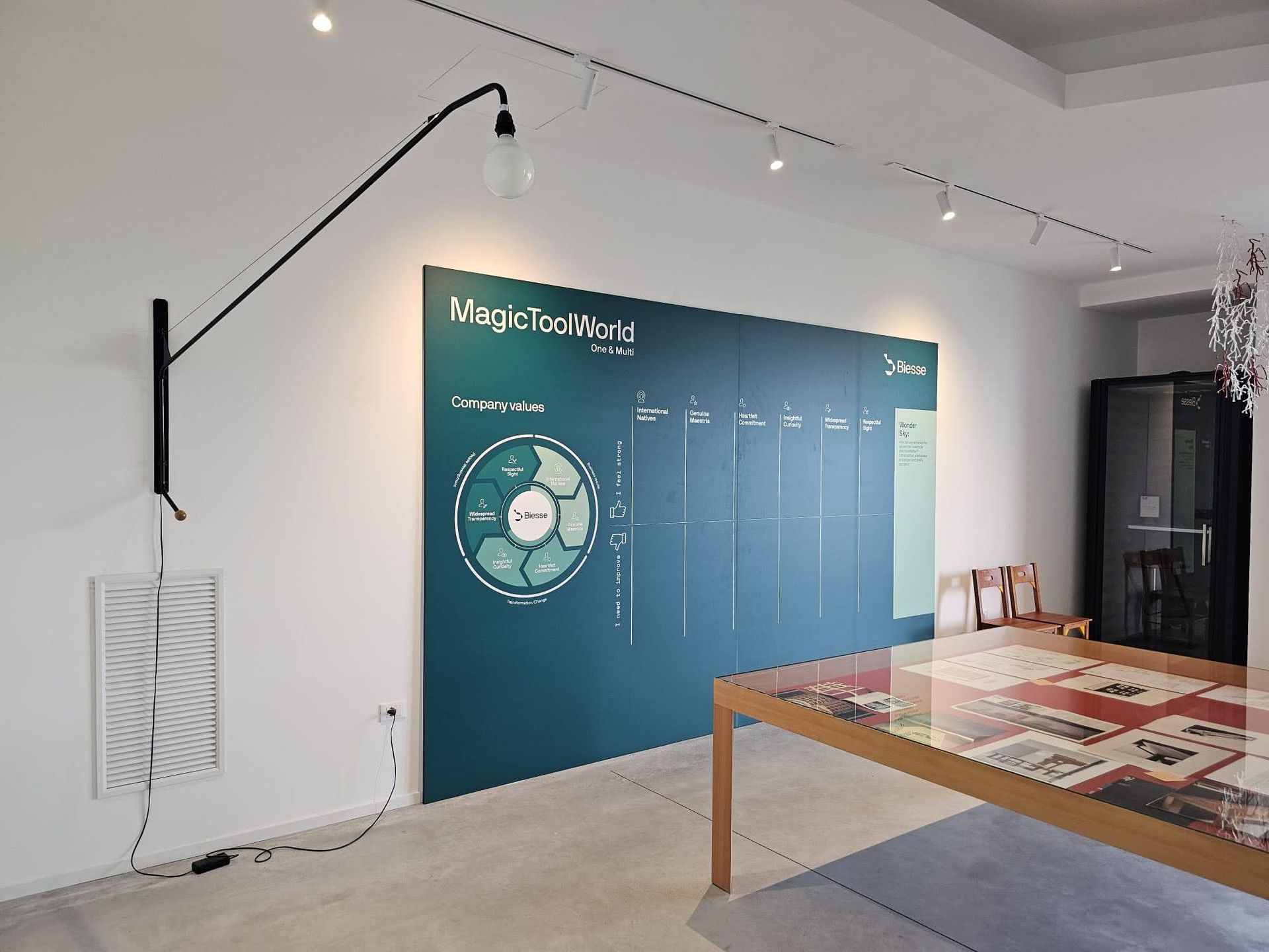 Ufficio moderno con un murale color verde acqua, lampade a sospensione e un grande tavolo di legno con documenti.