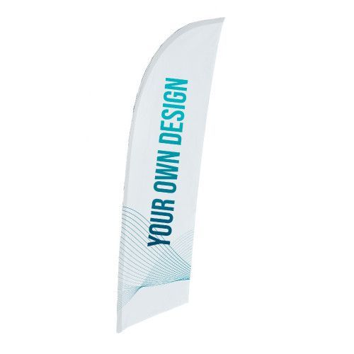 Bandiera a piuma verticale bianca con scritta color verde acqua "YOUR OWN DESIGN" e inserti in rete azzurra su sfondo bianco.