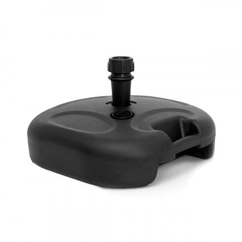 Base per ombrello in plastica nera con supporto per asta e maniglia per il trasporto.