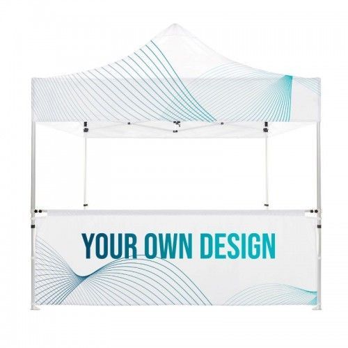Tenda a baldacchino bianca personalizzata con grafica a onde color verde acqua e la scritta "IL TUO DESIGN" sul banner frontale.