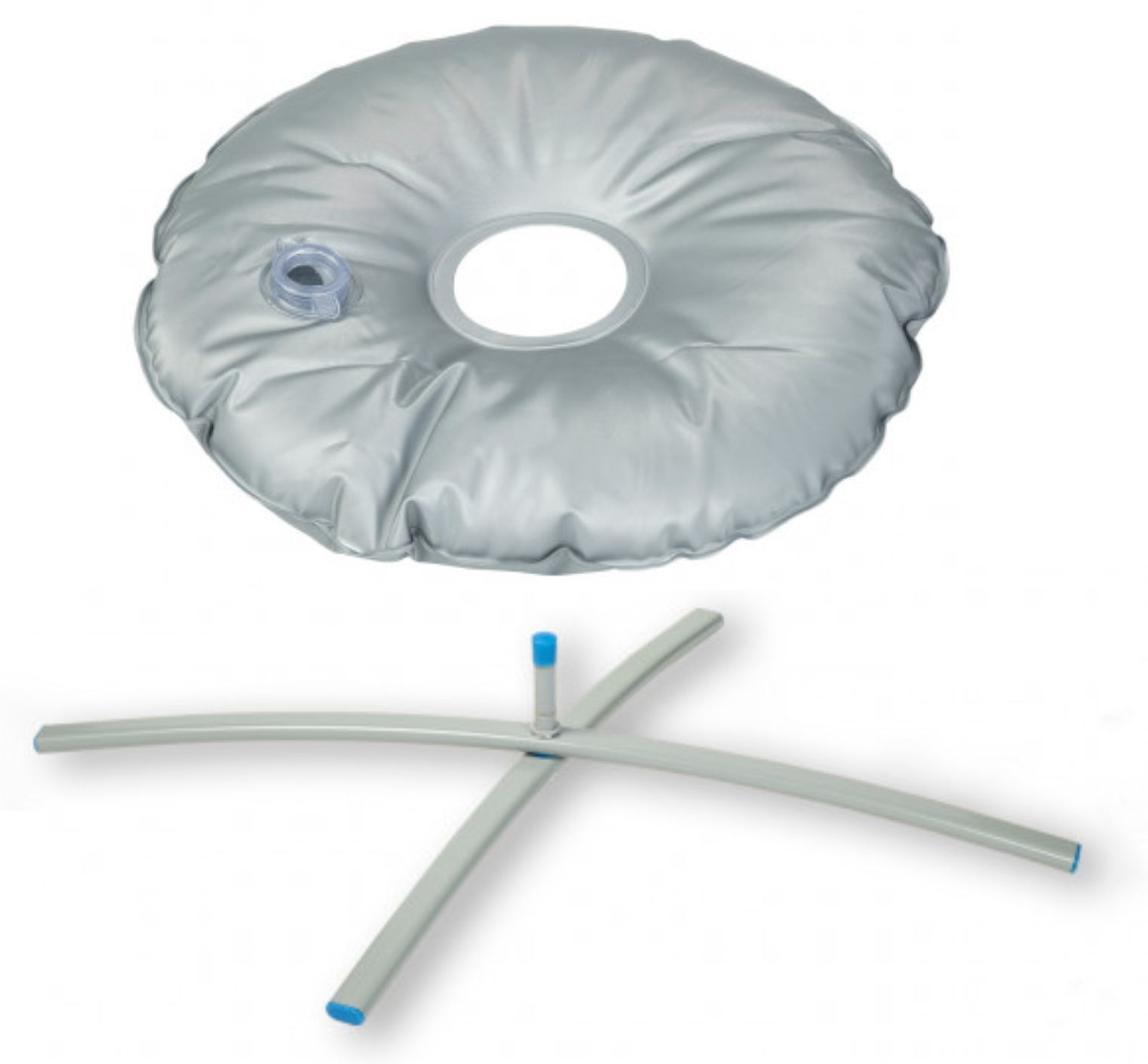 Cuscino medico gonfiabile a forma di ciambella di colore grigio, completo di pompa e supporto.