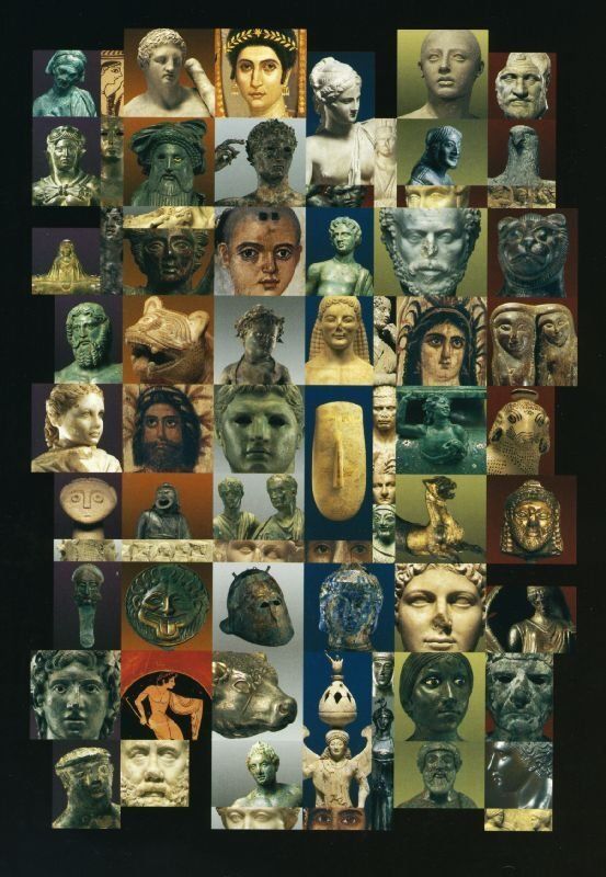 Collage di volti e busti scolpiti di vario tipo, in tenui tonalità terrose, disposti a griglia su uno sfondo scuro.
