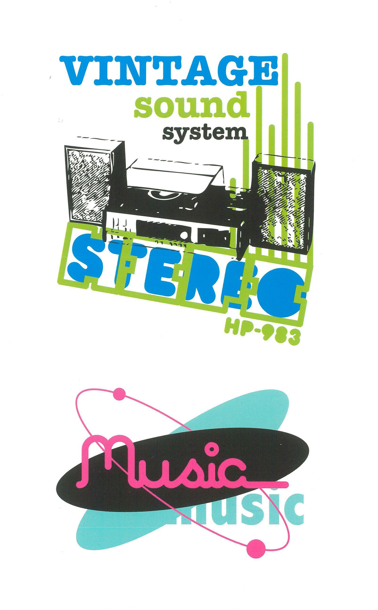 Grafica di un impianto stereo vintage con altoparlanti e la scritta