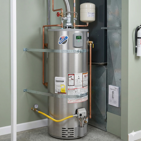 A residential stainless steel water heater with pipes, expansion tank, and safety straps, located in a mechanical room.