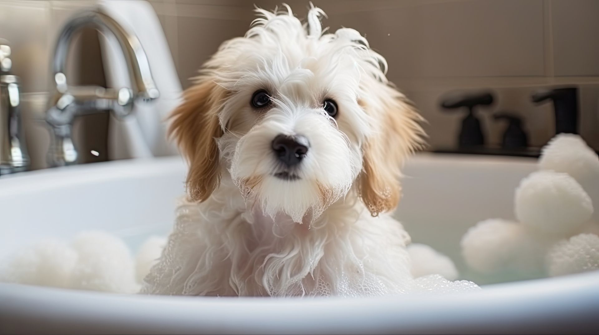 Small white dog sitting in a bath tub being groomed