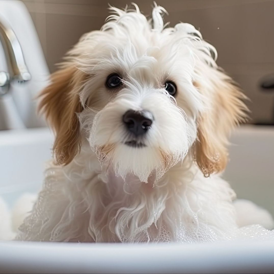 Freshly groomed small white dog in a mobile grooming van