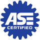 Blue and white ASE Certified logo: gear-shaped border with white 