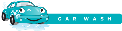 A blue car with a smiling face is being washed in a car wash.