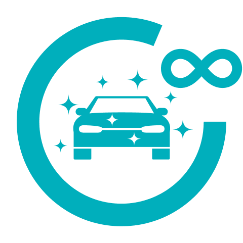 A blue circle with a car inside of it and an infinity symbol.