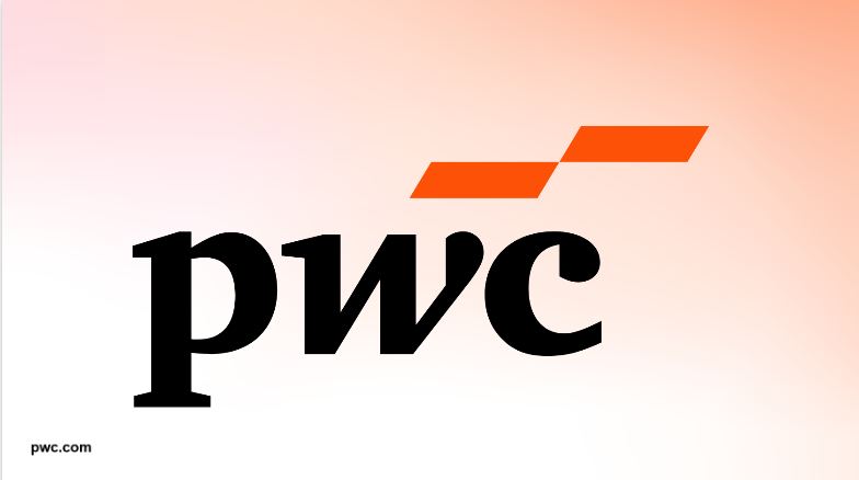PWC logo. Black text on a gradient red background