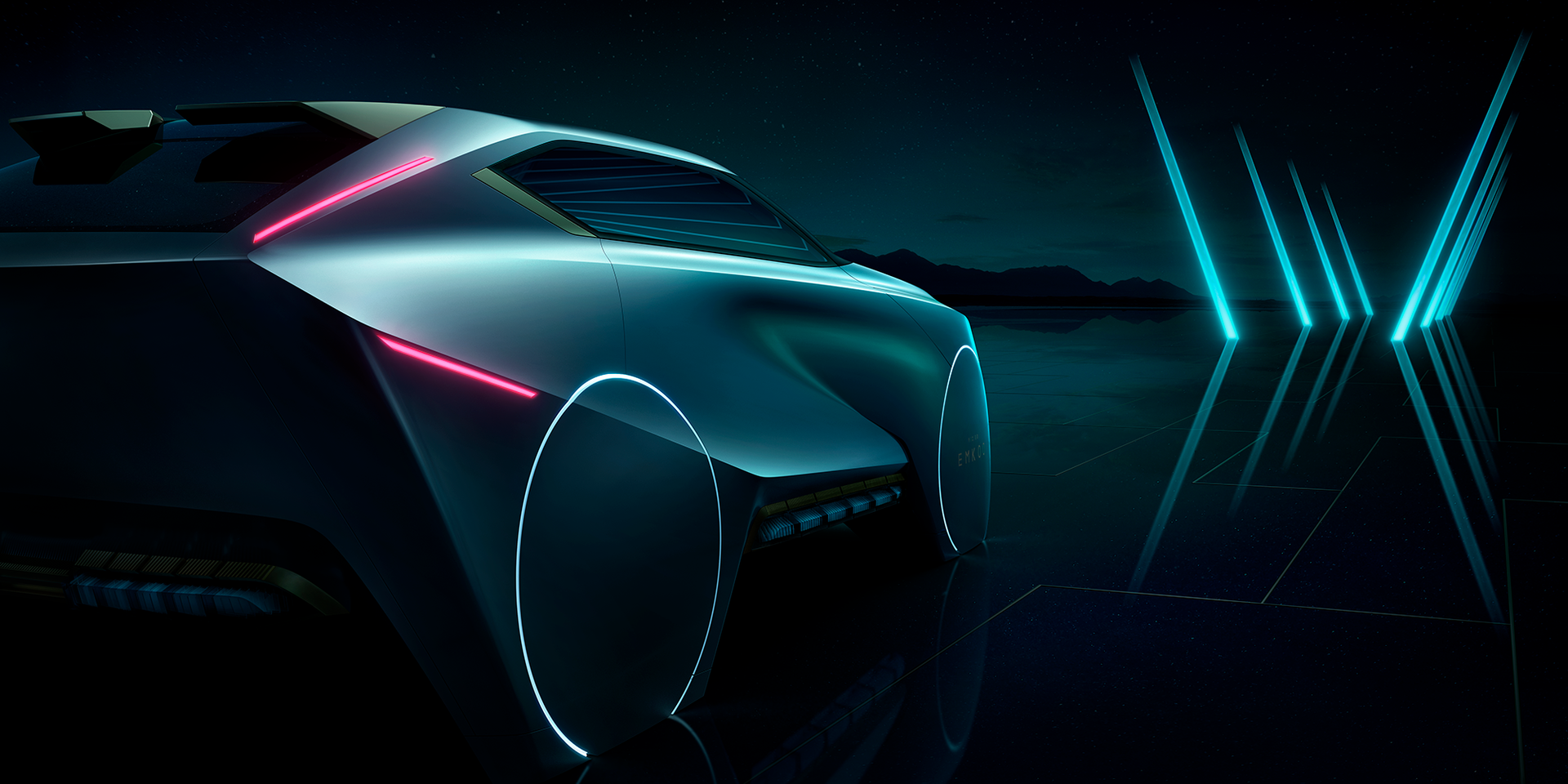 Um carro futurista com arcos de roda em néon brilhantes e lanternas traseiras vermelhas, em um fundo escuro e abstrato.