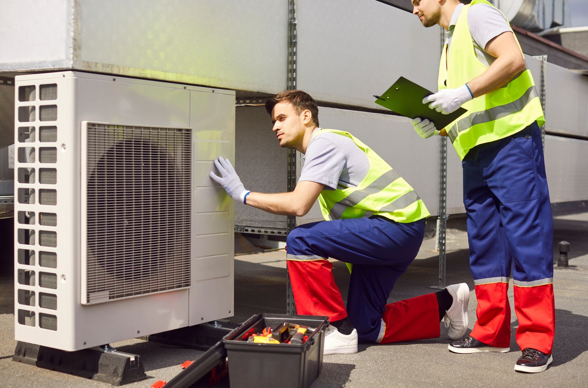 Two technicians in safety vests inspect and repair an outdoor HVAC unit.