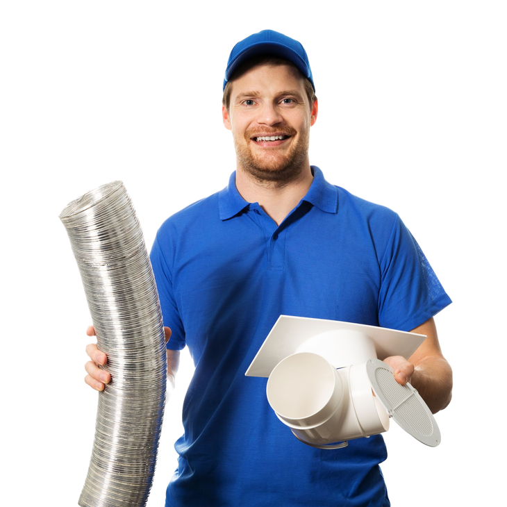 HVAC technician in blue uniform holding ducting and fittings on a white background
