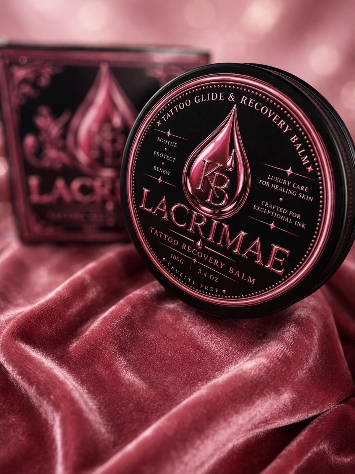 The Lacrimae balm tin in front of its box, on rose velvet