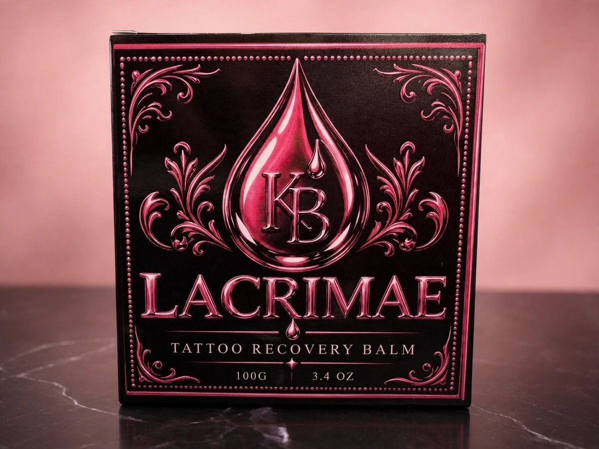 The front of the Lacrimae Tattoo Recovery Balm box, 100g