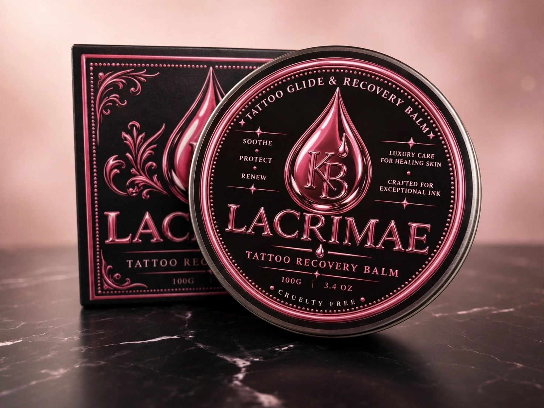 The Lacrimae balm tin leaning against its box on black marble