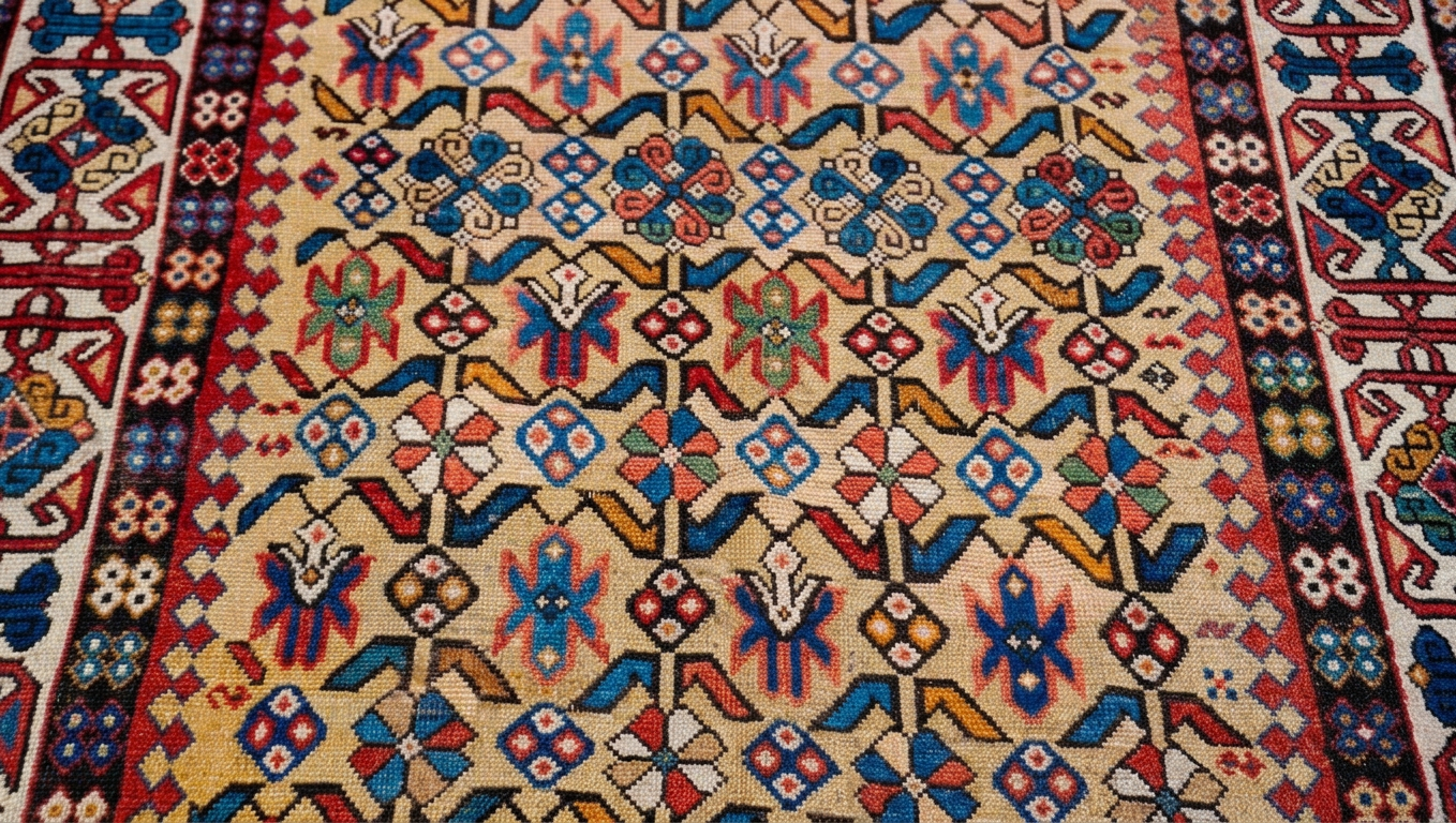 Colorful geometric patterned hand-knotted rug with red borders and cream center