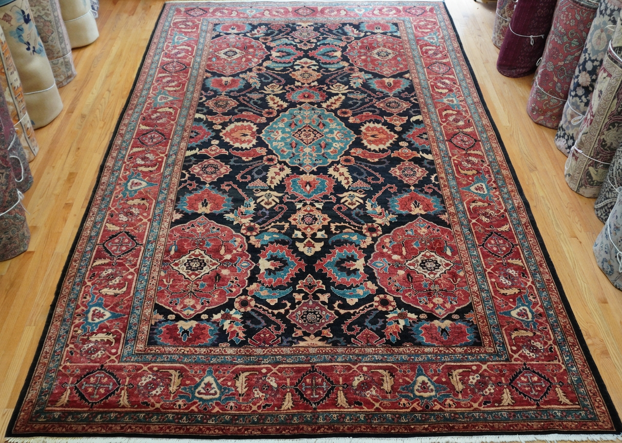 Oriental-style red and blue patterned rug on a wooden floor between hanging fabrics