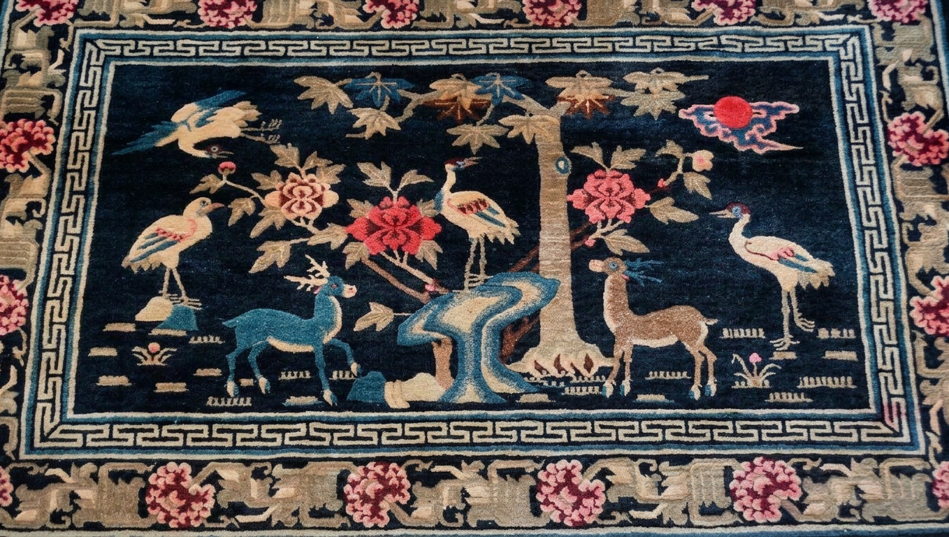 Blue oriental rug with florals and birds, featuring cranes, deer, and pink flowers around a tree