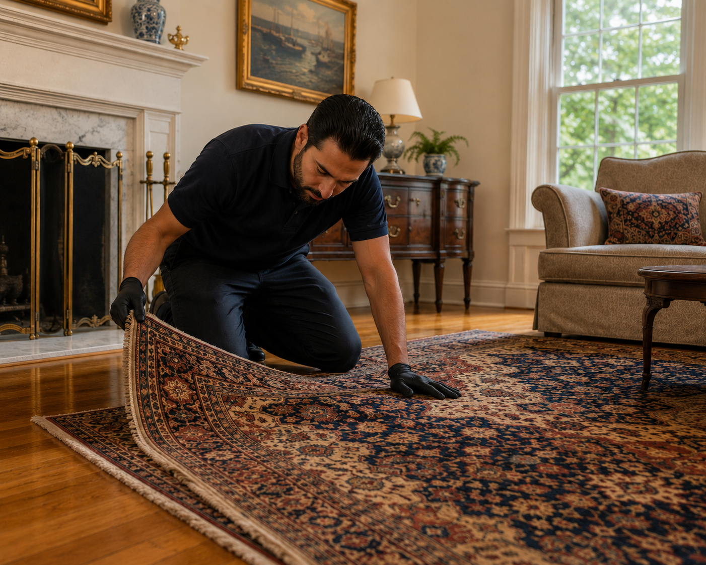 Man kneels on a patterned rug, rolling it up in a living room with a fireplace and window.