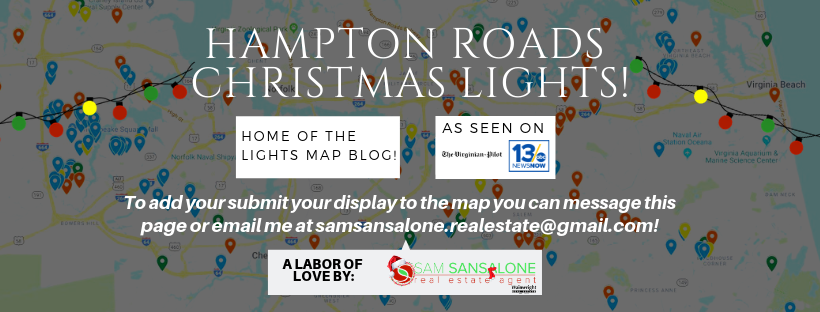 Map of Hampton Roads with Christmas light locations, with text 