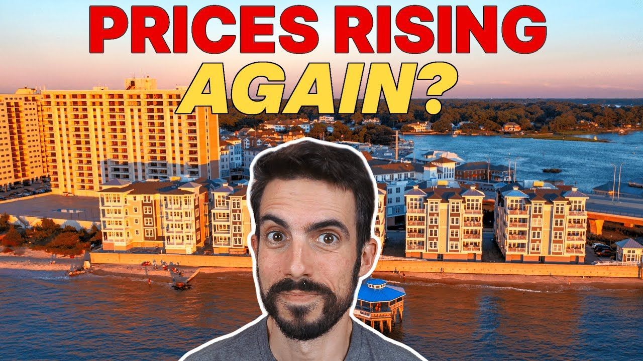 Man in front of coastal buildings, headline