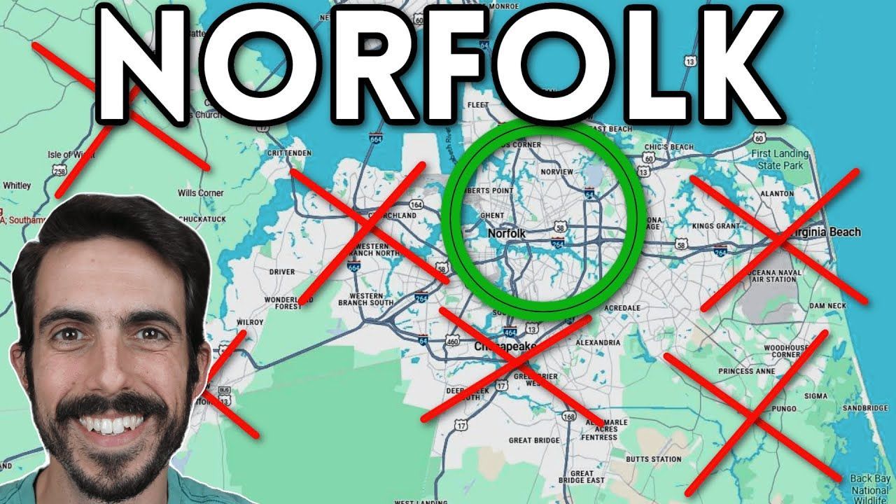 Man smiling, superimposed over a map of Norfolk, Virginia with red