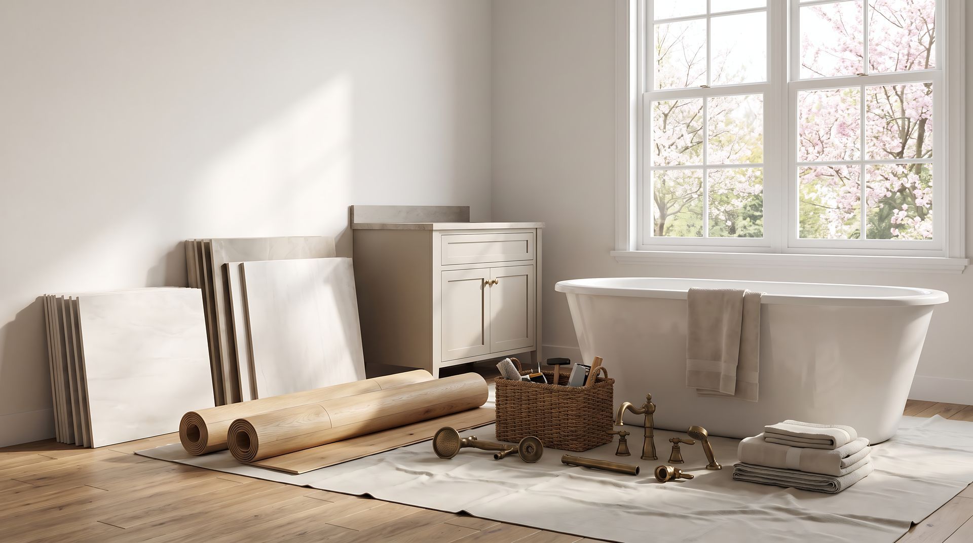 Freestanding tub, vanity, tile and flooring samples for custom bathroom remodeling. Freestanding tub, vanity, tile and flooring samples for custom bathroom remodeling.