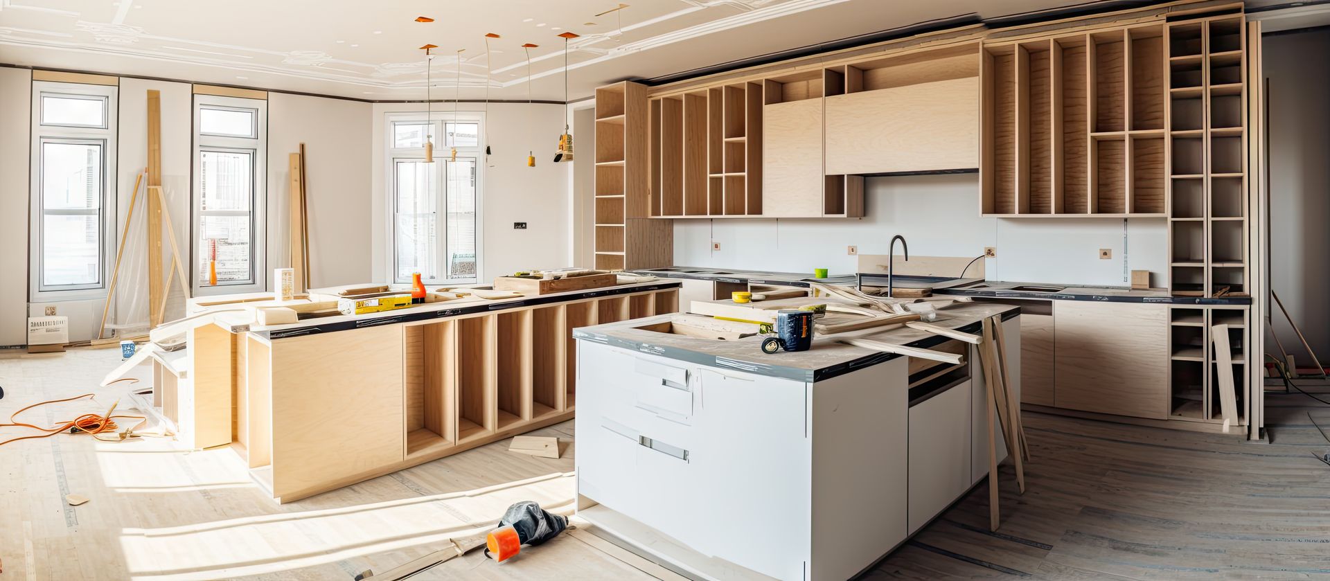 Custom kitchen cabinetry installation during a comprehensive house renovation project.