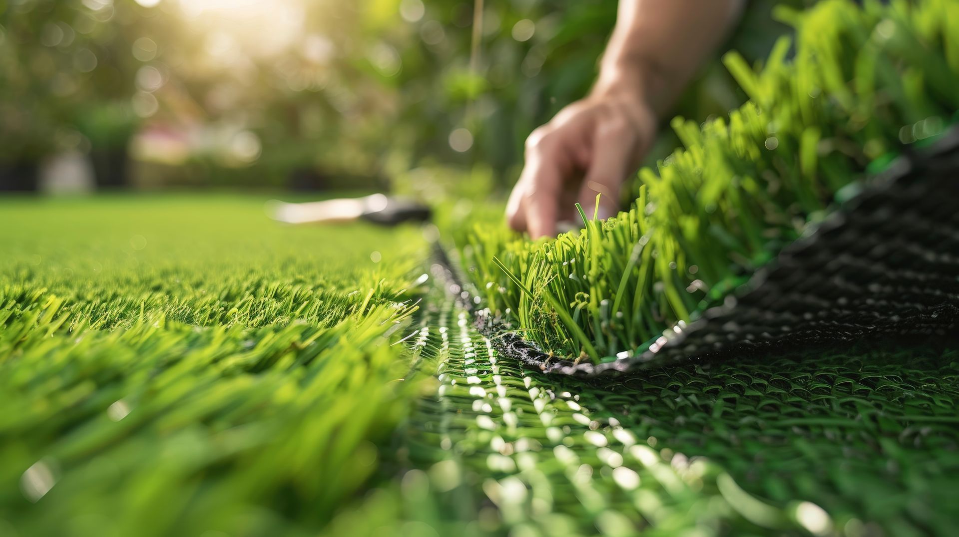 Artificial turf supplier delivering rolls of synthetic grass for a residential lawn installation.