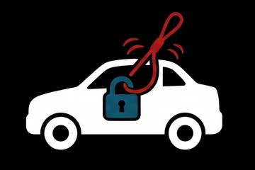 White car with a padlock and red fishing hook symbolizing car theft or security breach