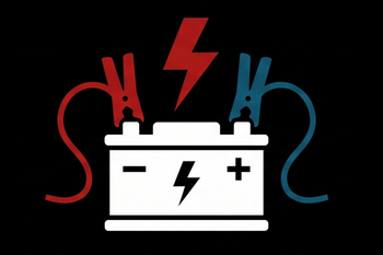 White battery with red and blue jumper cables and red lightning bolt on black background