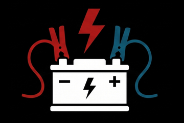 White battery with red and blue jumper cables and red lightning bolt on black background