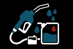 Fuel nozzle pouring blue liquid into a container with blue and red droplets on a black background