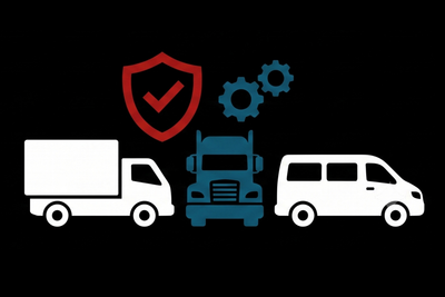 Delivery truck, front truck, and van icons with red shield and blue gears on black background