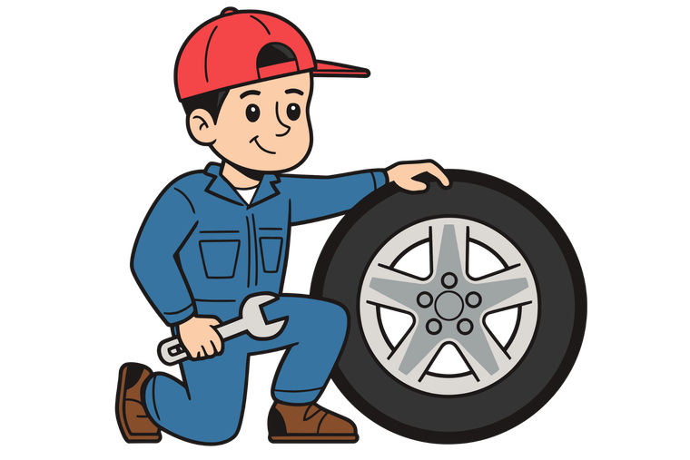 Mechanic kneeling beside a car tire, inspecting the wheel with a wrench in hand.
