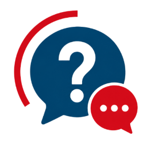 Blue and red speech bubbles with question marks, suggesting help or customer support inquiries