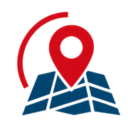 Blue folded map with red location pin and arc, suggesting navigation or location search