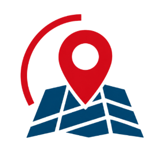 Blue folded map with red location pin and arc, suggesting navigation or location search