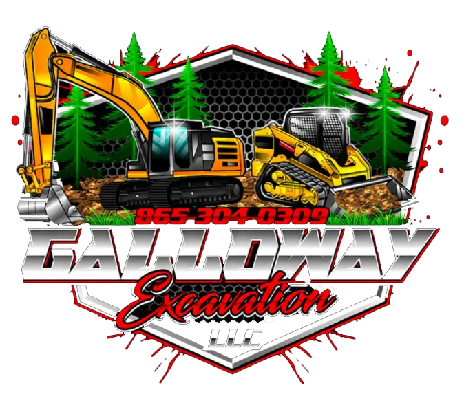 Excavation company logo with yellow excavators, green trees, and bold “GALLOWAY Excavation” text
