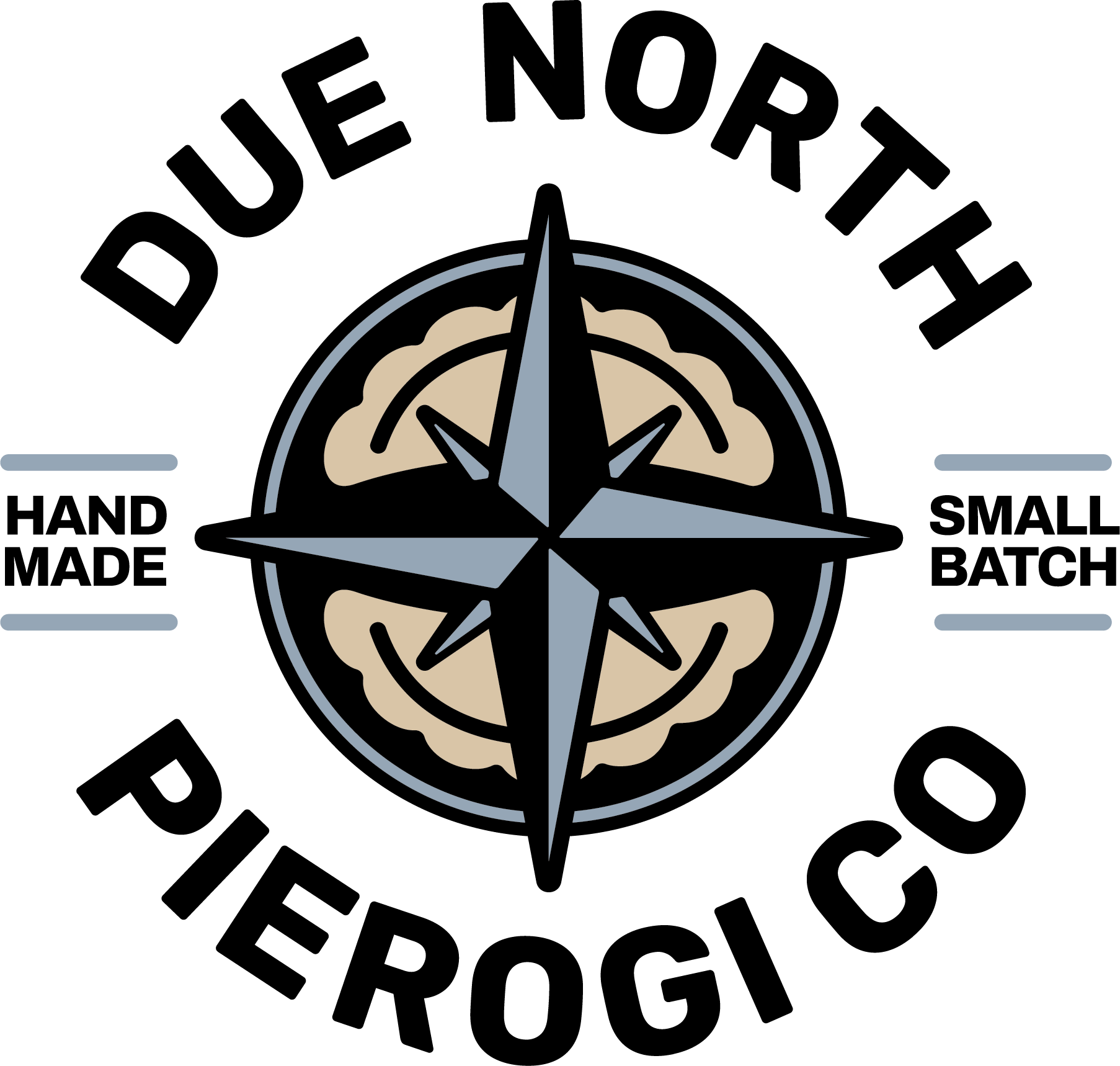 Due North Pierogi Co logo with compass, beige dumplings, and text “Hand Made” and “Small Batch”