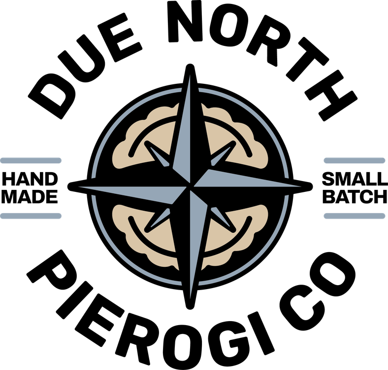 A logo for Due North Pierogi Co. with a compass in the middle.