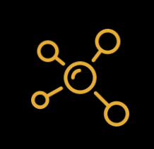 Gold network icon on black background.