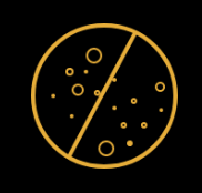 A golden circle bisected by a line, with dotted patterns on one side, crossed out, on black background.