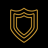 Golden layered shield on a black background.