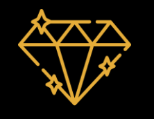 Gold diamond icon with three starbursts on a black background.